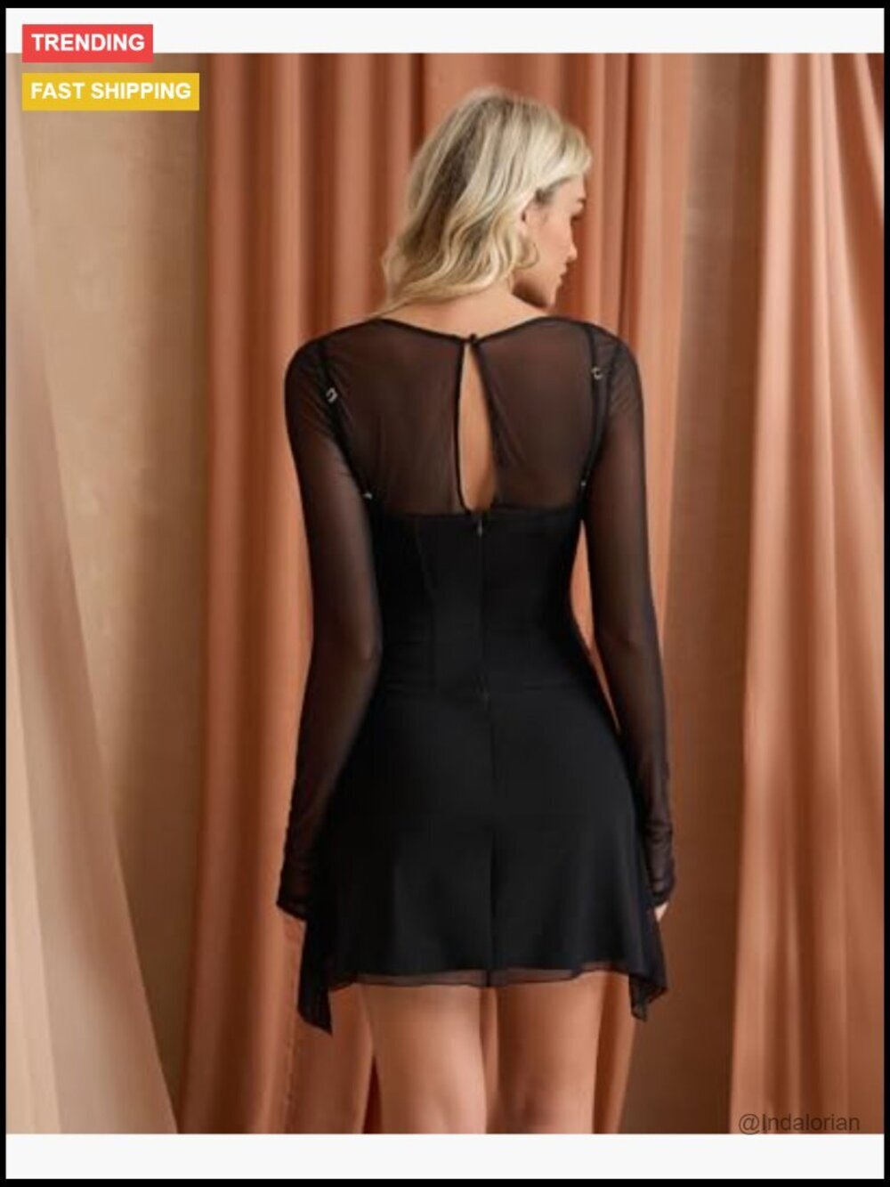 Mesh Long Sleeve Bodycon Mini Dress with Ruffle and Ruched Design - Picture 3 of 5